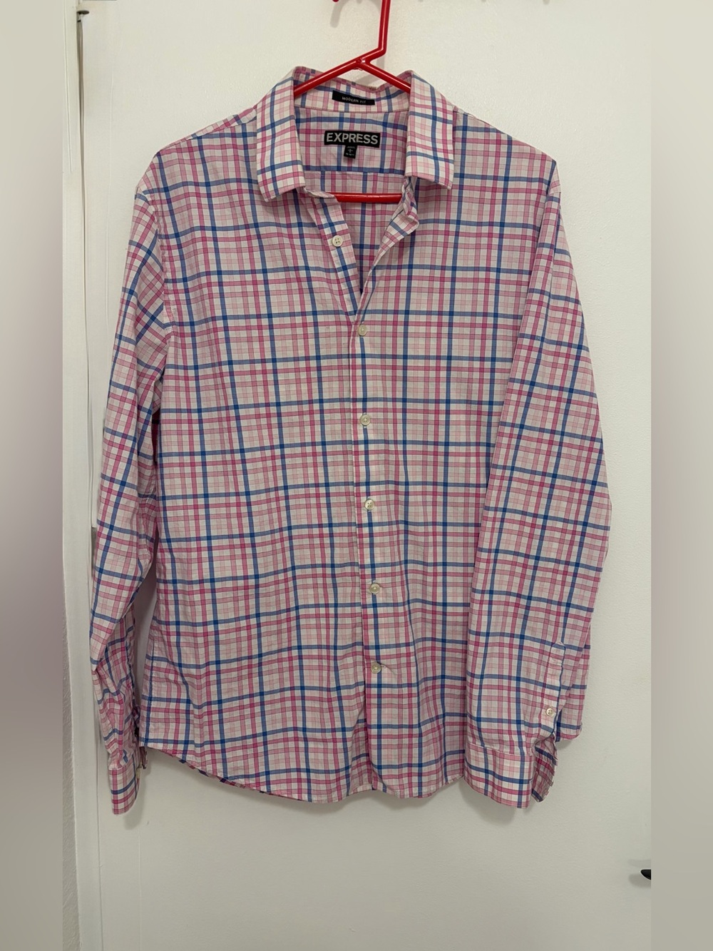 Express Men’s Pink & Blue Plaid Long-Sleeve Button Shirt